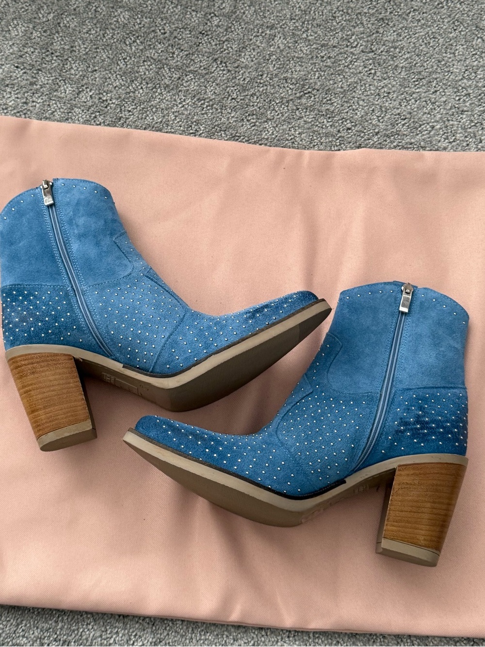 Studded Blue Suede Ankle Booties with Block Heel